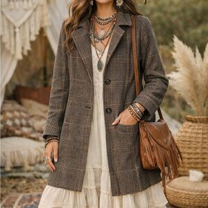 Glen Plaid Long Anthro Blazer - Grey/Cream/Black- XS- Boho Academia/Old World